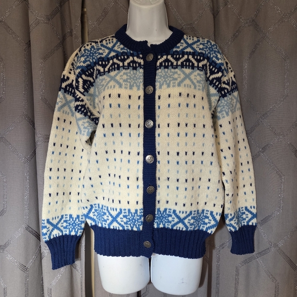 Vintage Figgjo Norweigan Pure New Wool Blue Cream Cardigan Sweater M - Picture 1 of 4